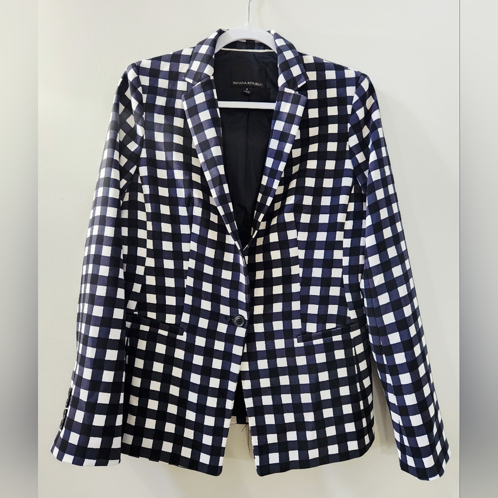 Banana Republic Navy Blue White Checks Checkered Blazer Single Button Size 8